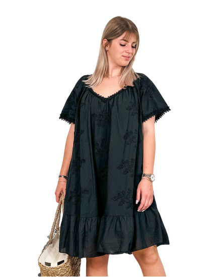 Angèle, Robe bohème brodée, coloris noir, grande taille
