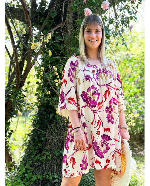 Bérénice, robe tunique imprimée, coloris prune, grande taille face