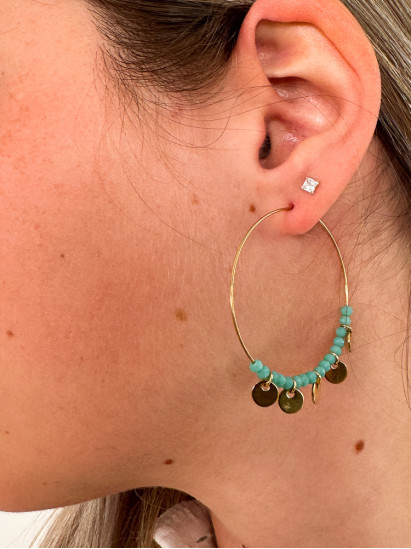 Boucles d'oreilles créoles et perles, coloris turquoise