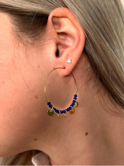 Boucles d'oreilles créoles et perles, coloris bleu roi