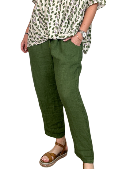 Jules, pantalon lin boho, coloris vert fonçé, grande taille
