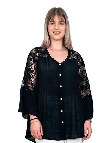 Aliénor, chemise dentelle bohème grande taille, coloris noir