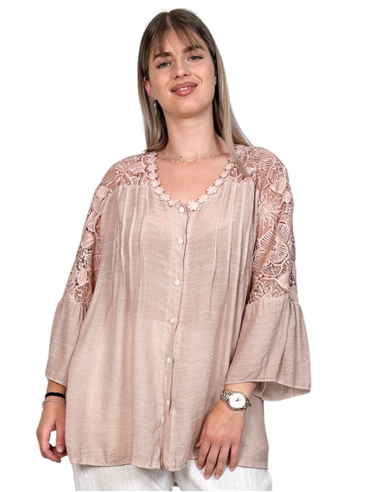 Aliénor, chemise dentelle bohème grande taille, coloris bois de rose
