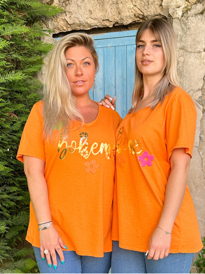 Talia, t-shirt bohème, coloris orange, grande taille