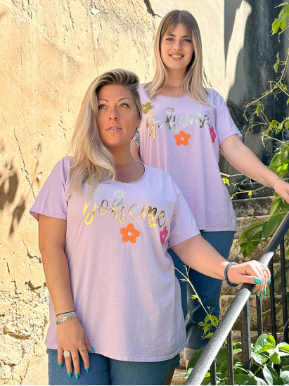 Talia, t-shirt bohème, coloris lilas, grande taille duo