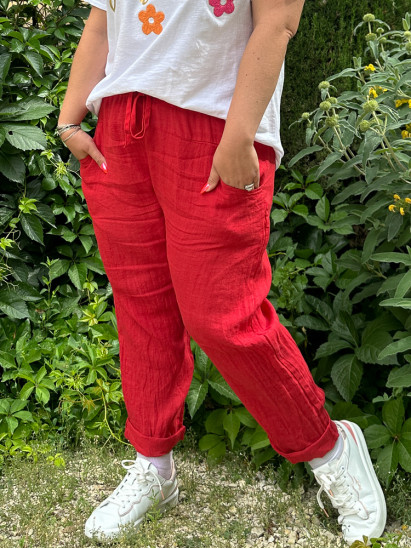 Jules, pantalon lin boho, coloris rouge, grande taille