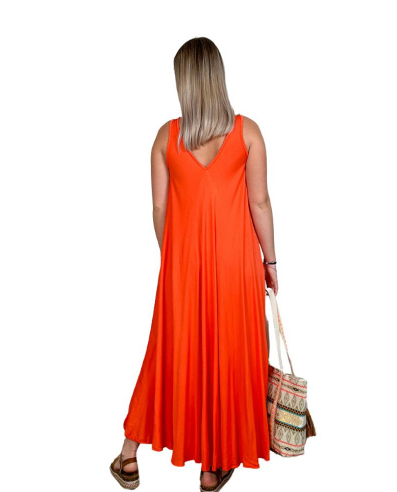 Emma, robe longue unie, coloris orange, grande taille dos