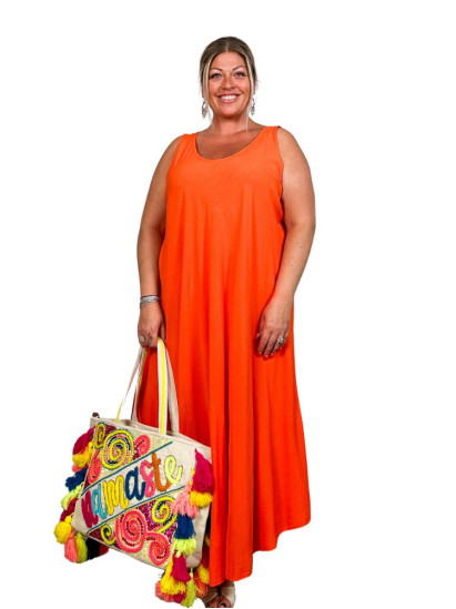 Amandine, robe longue unie, coloris orange, grande taille