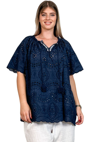 Lucie, top broderie anglaise, coloris marine, grande taille