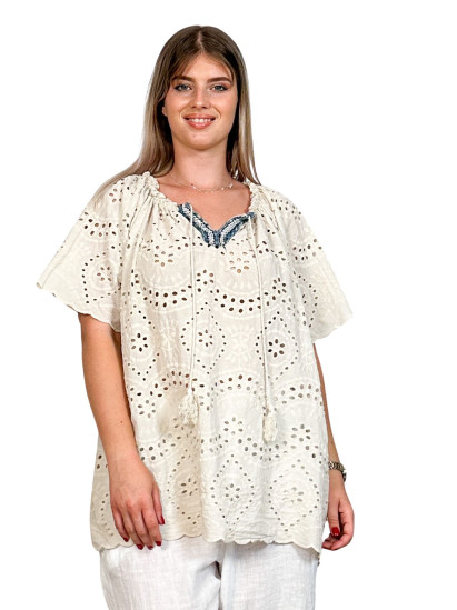 Lucie, top broderie anglaise, coloris beige, grande taille