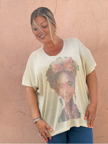 Melissa, top lurex, imprimé Frida Kahlo, grande taille
