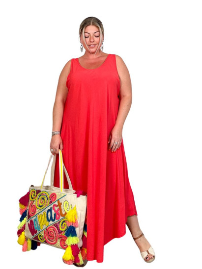 Amandine, robe longue unie, coloris rouge, grande taille
