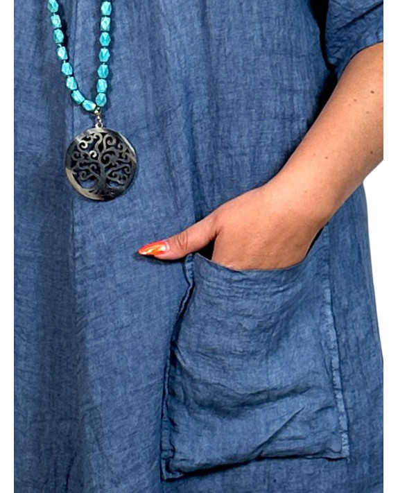 Bali, robe en lin, coloris bleu, grande taille poches