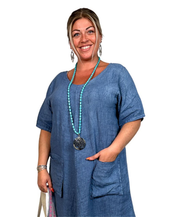 Bali, robe en lin, coloris bleu, grande taille