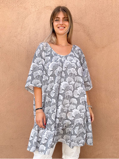 Ticia, robe tunique grande taille, imprimée block print gris